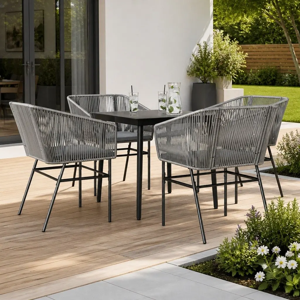 Outdoor Dining Set Grey Poly Rattan 5 Piece with Tempered Glass Table for Garden and Patio