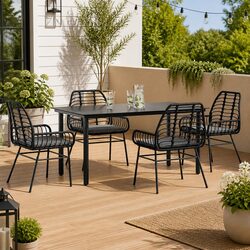 5 Piece Garden Dining Set - Black Poly Rattan and Glass
