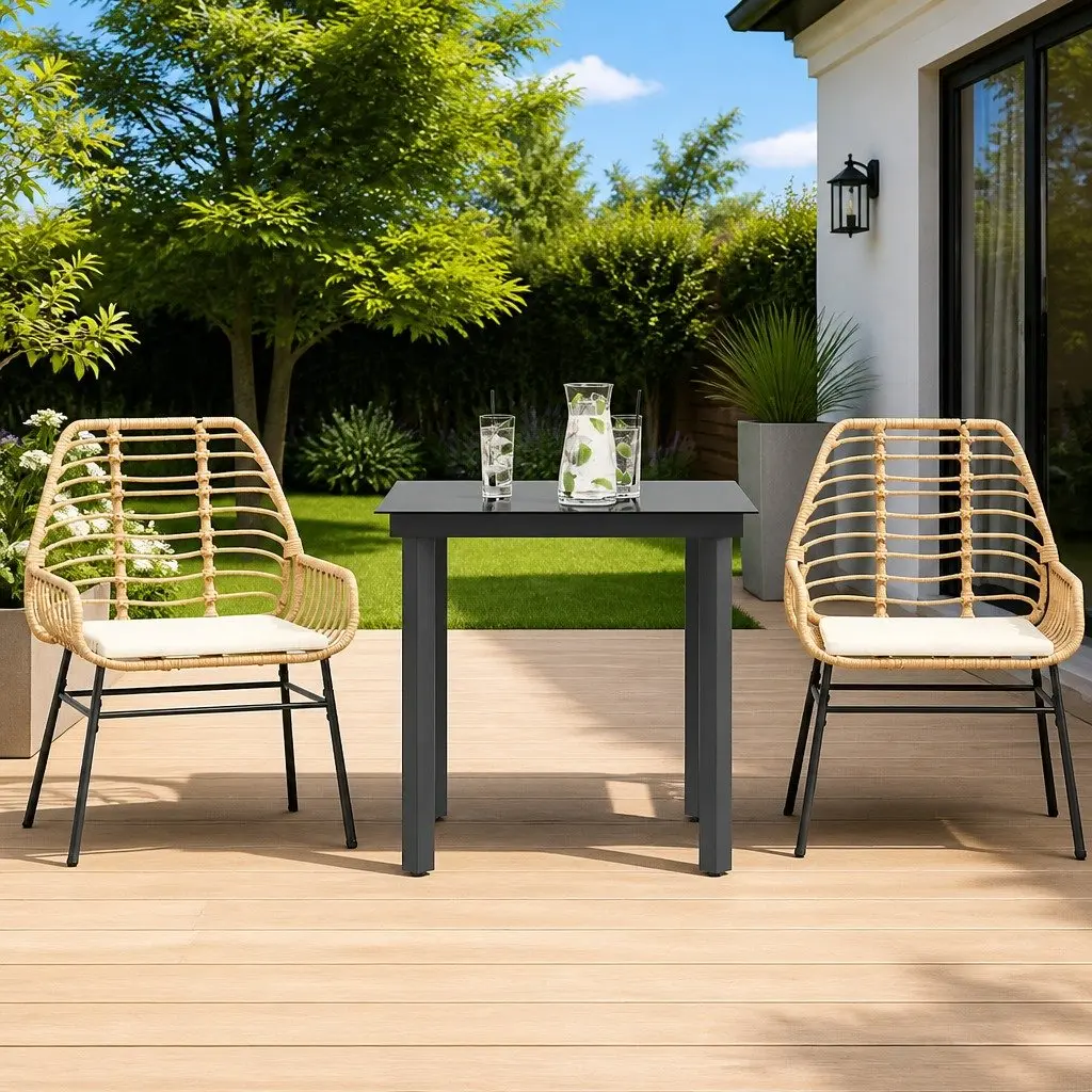 Garden Dining Set Outdoor Furniture 3 Piece Brown Poly Rattan Glass Top Table