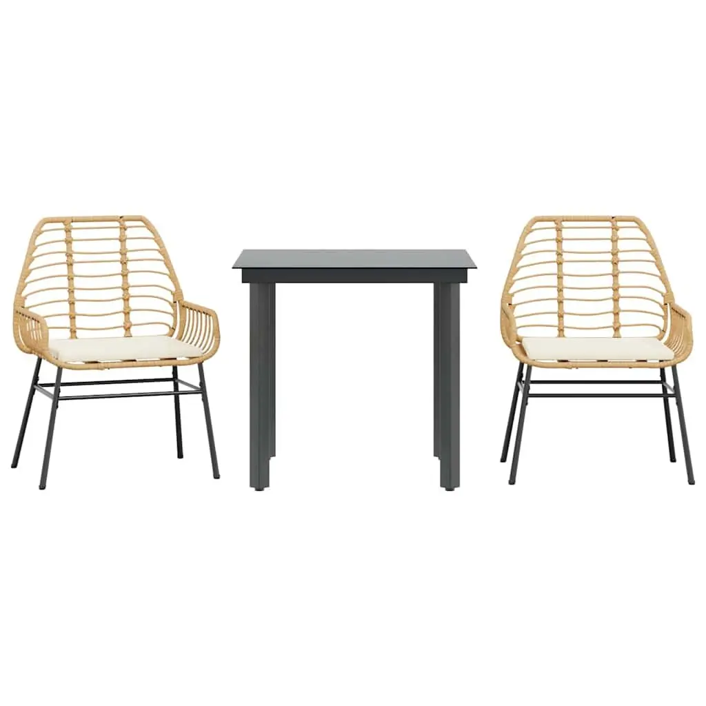 Garden Dining Set Outdoor Furniture 3 Piece Brown Poly Rattan Glass Top Table