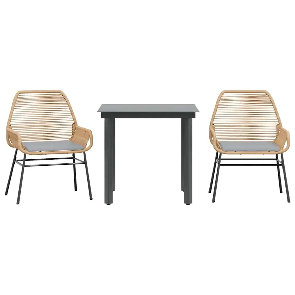 3 Piece Garden Dining Set Brown Poly Rattan Cushions Tempered Glass Outdoor