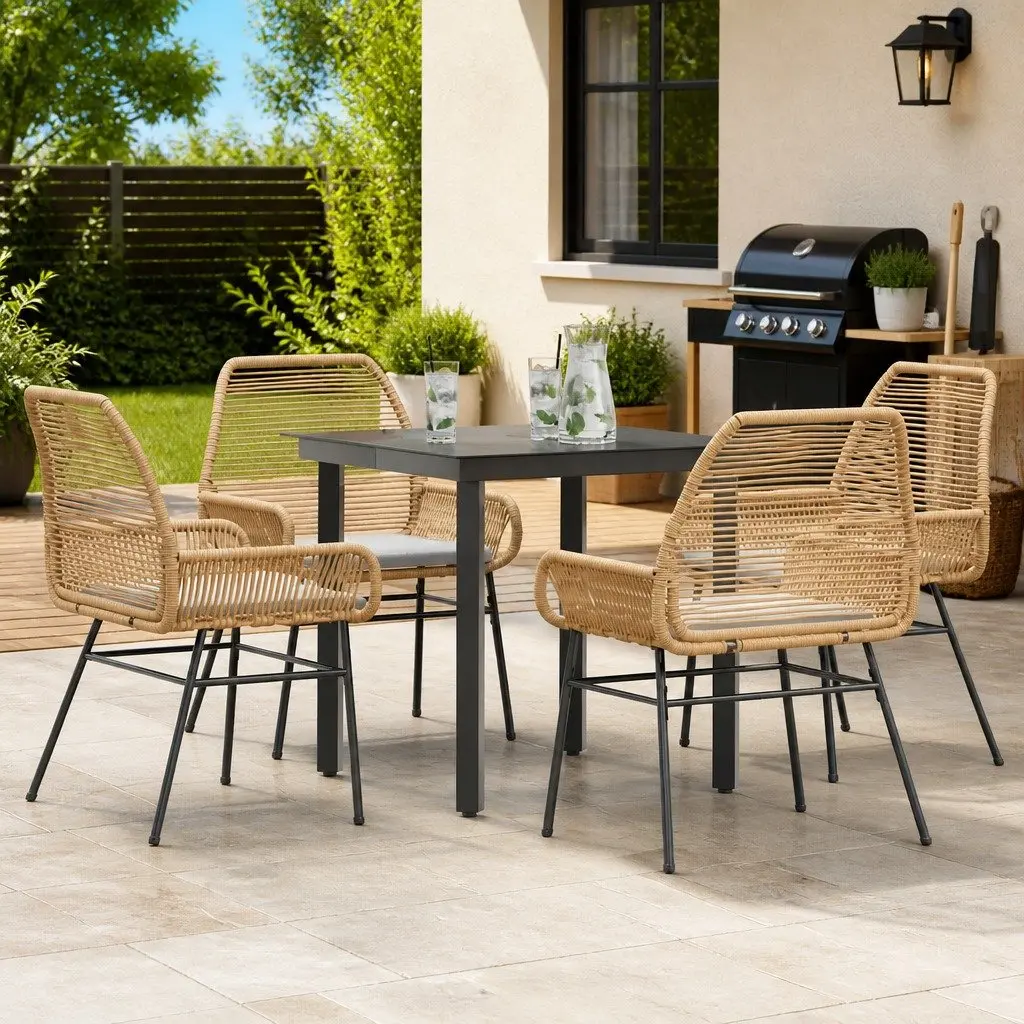 5 Piece Garden Dining Set Poly Rattan Glass Outdoor Furniture Brown Cushions