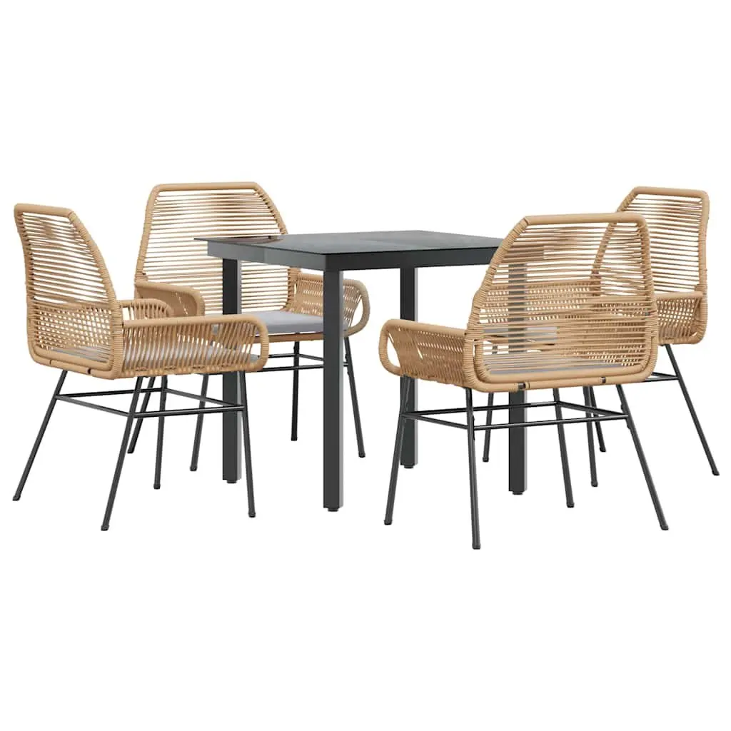 5 Piece Garden Dining Set Poly Rattan Glass Outdoor Furniture Brown Cushions
