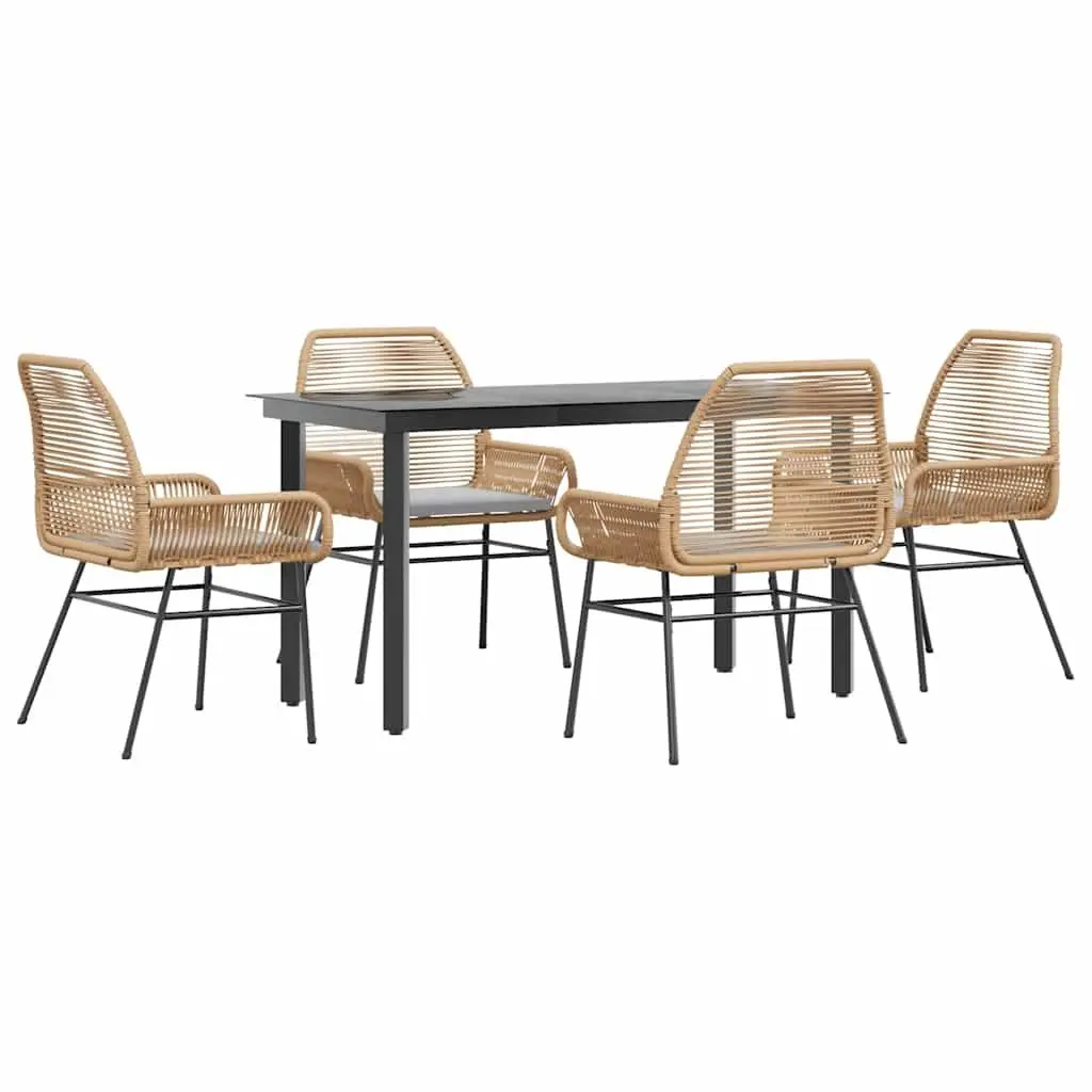 5 Piece Garden Dining Set with Cushions Brown Poly Rattan Glass Outdoor Patio