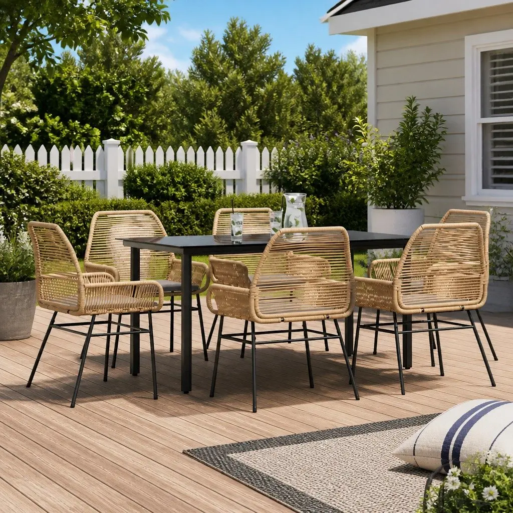 7 Piece Garden Dining Set Poly Rattan Brown Glass Patio Outdoor Furniture