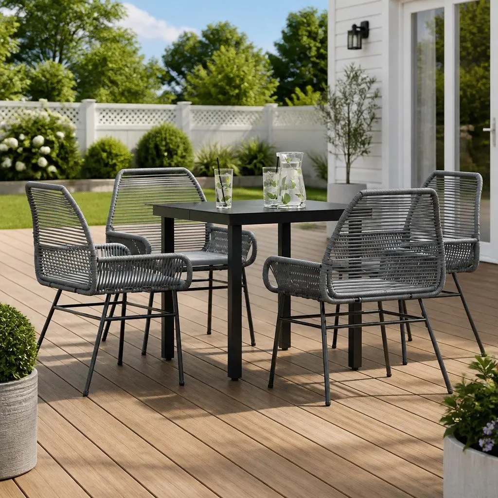5 Piece Garden Dining Set Outdoor Furniture Grey Poly Rattan Patio Chairs Table
