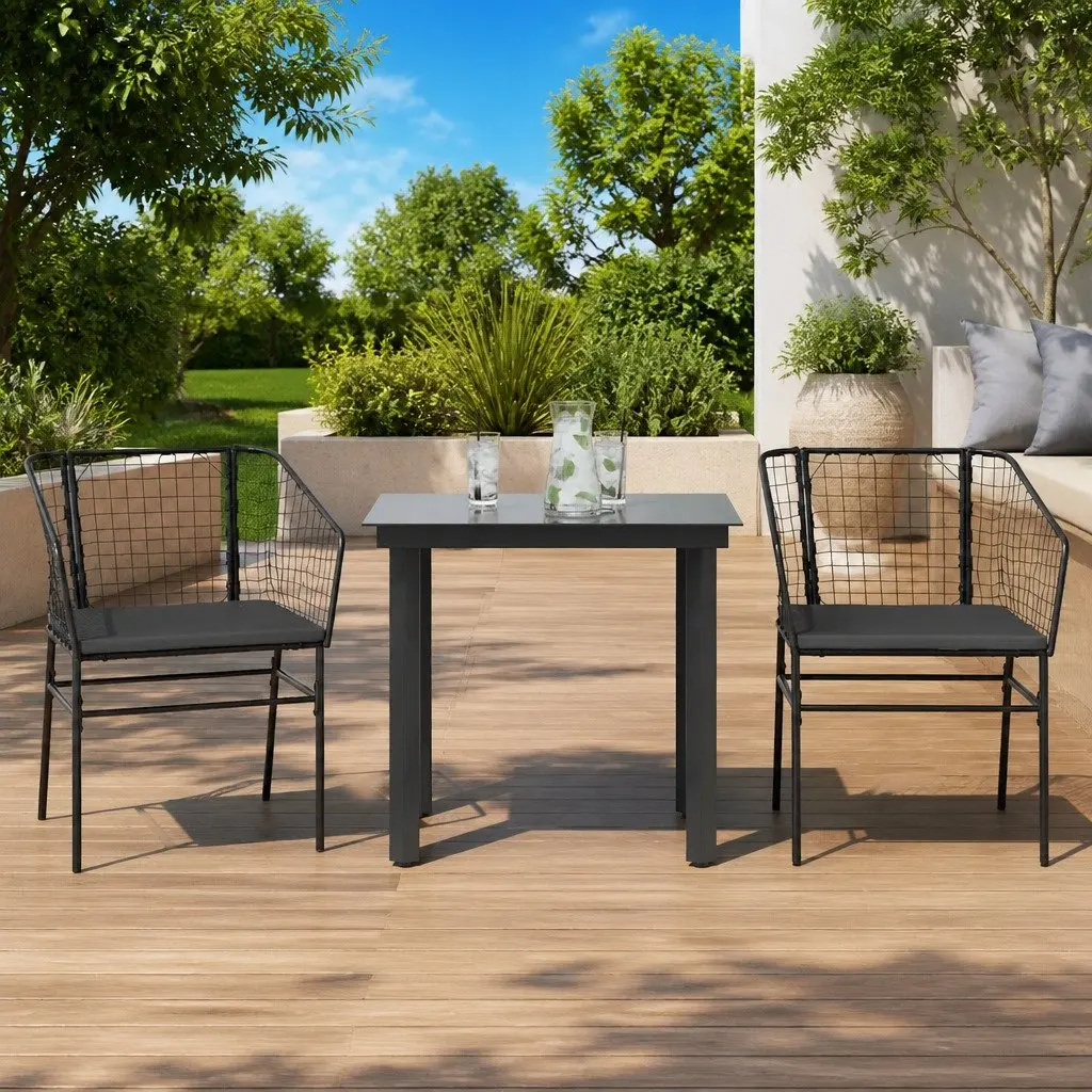 Outdoor Furniture Dining Set 3 Piece Garden Table and Chairs Black Poly Rattan