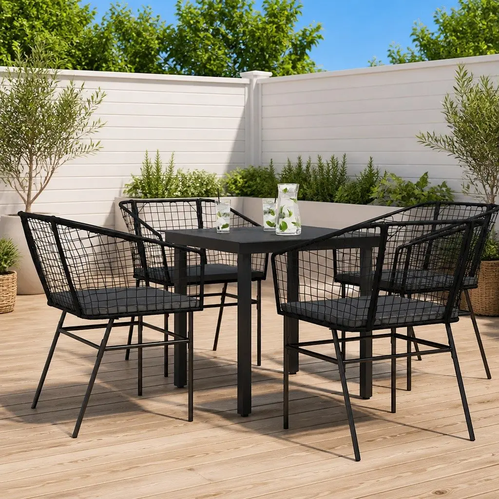 Garden Dining Set Outdoor Furniture 5 Piece Black Poly Rattan Glass Table Chairs