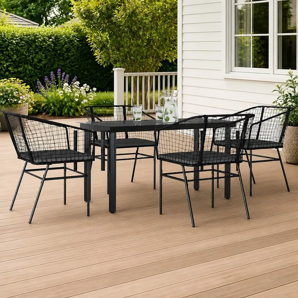 Outdoor Dining Set 5 Piece Black Poly Rattan Chairs with Glass Table for Backyard and Patio