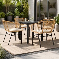 5 Piece Garden Dining Set Brown Poly Rattan Glass Top Outdoor Patio Furniture