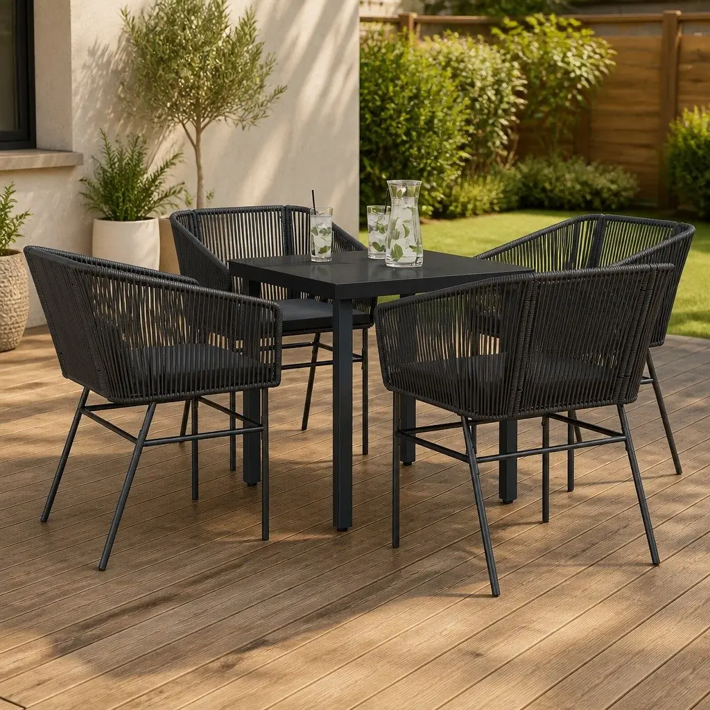 Garden Dining Set Outdoor Use 5 Piece Black Poly Rattan with Glass Table and Cushions