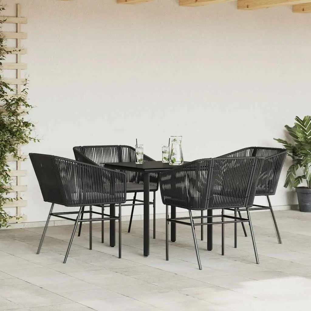 Garden Dining Set Outdoor Use 5 Piece Black Poly Rattan with Glass Table and Cushions