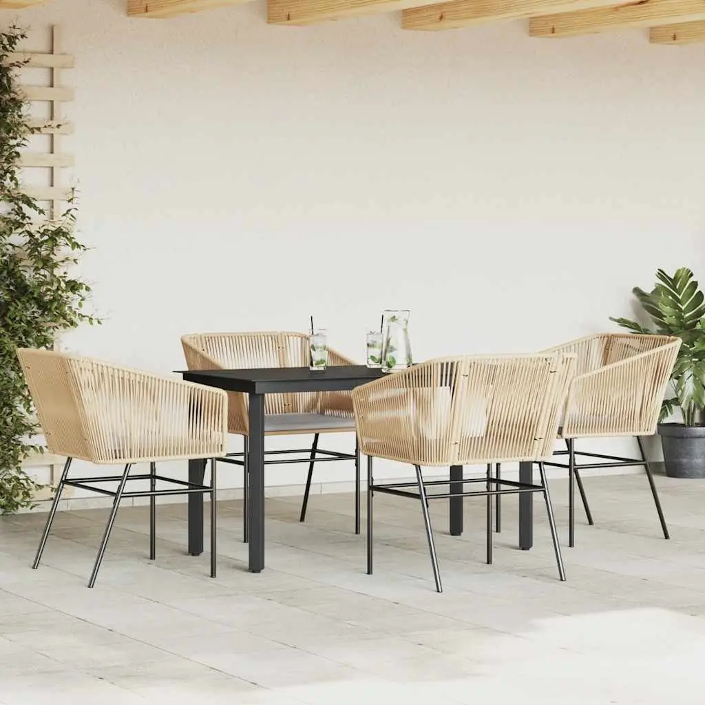 5 Piece Garden Dining Set Brown Poly Rattan Outdoor Furniture with Glass Table