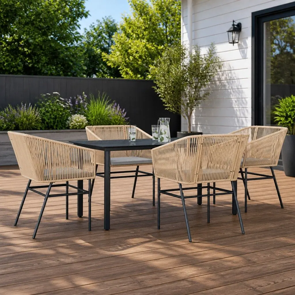 5 Piece Garden Dining Set Brown Poly Rattan Outdoor Furniture with Cushions