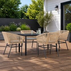 5 Piece Garden Dining Set: Brown Poly Rattan and Steel