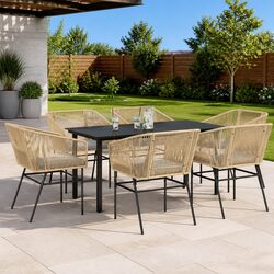 7 Piece Garden Dining Set Outdoor Patio Furniture Brown Poly Rattan Glass Table