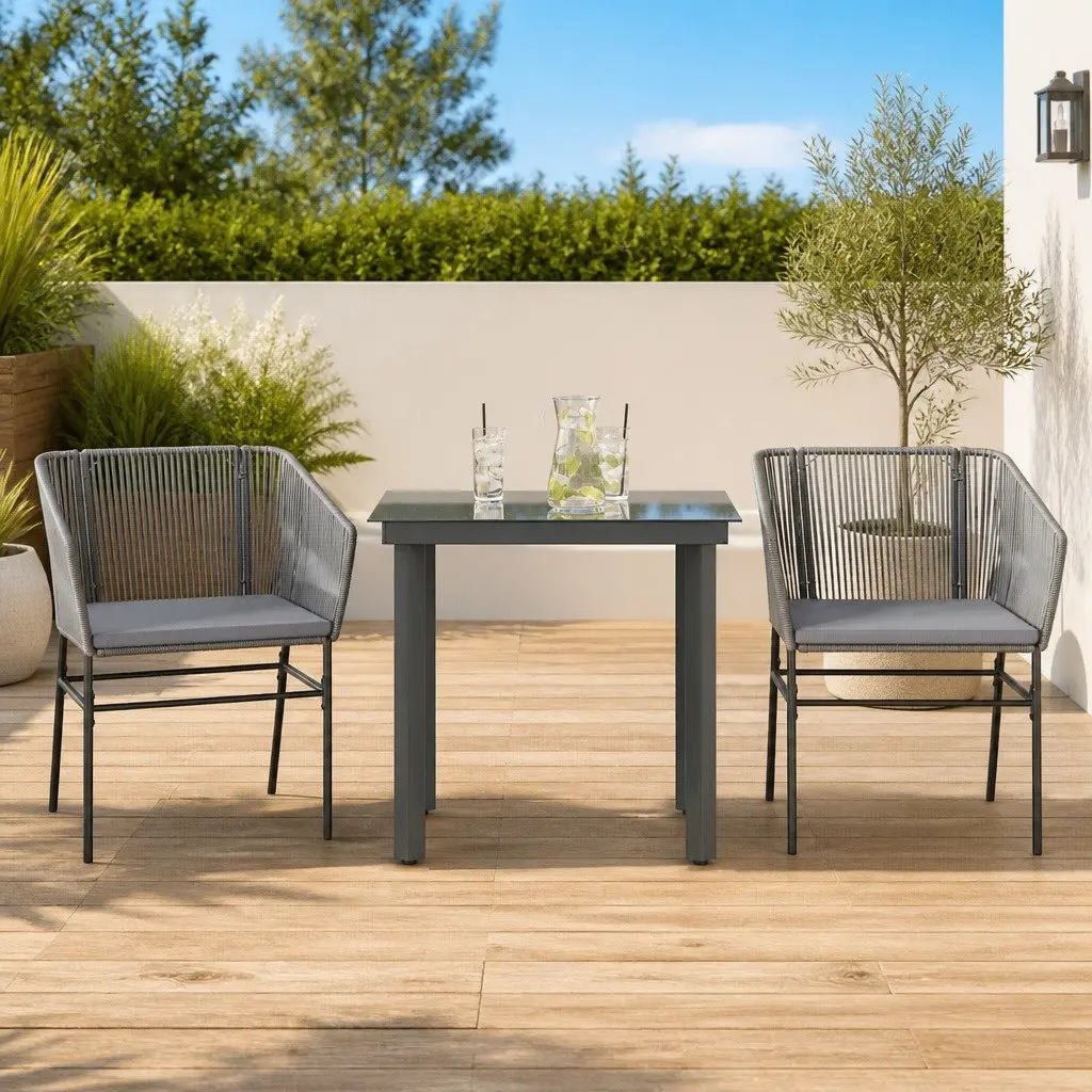Garden Dining Set Outdoor Furniture 3 Piece Grey Poly Rattan Glass Table Chair