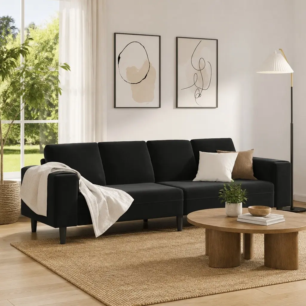 Black Polyester Upholstery Couch, 250 x 77 x 76 cm