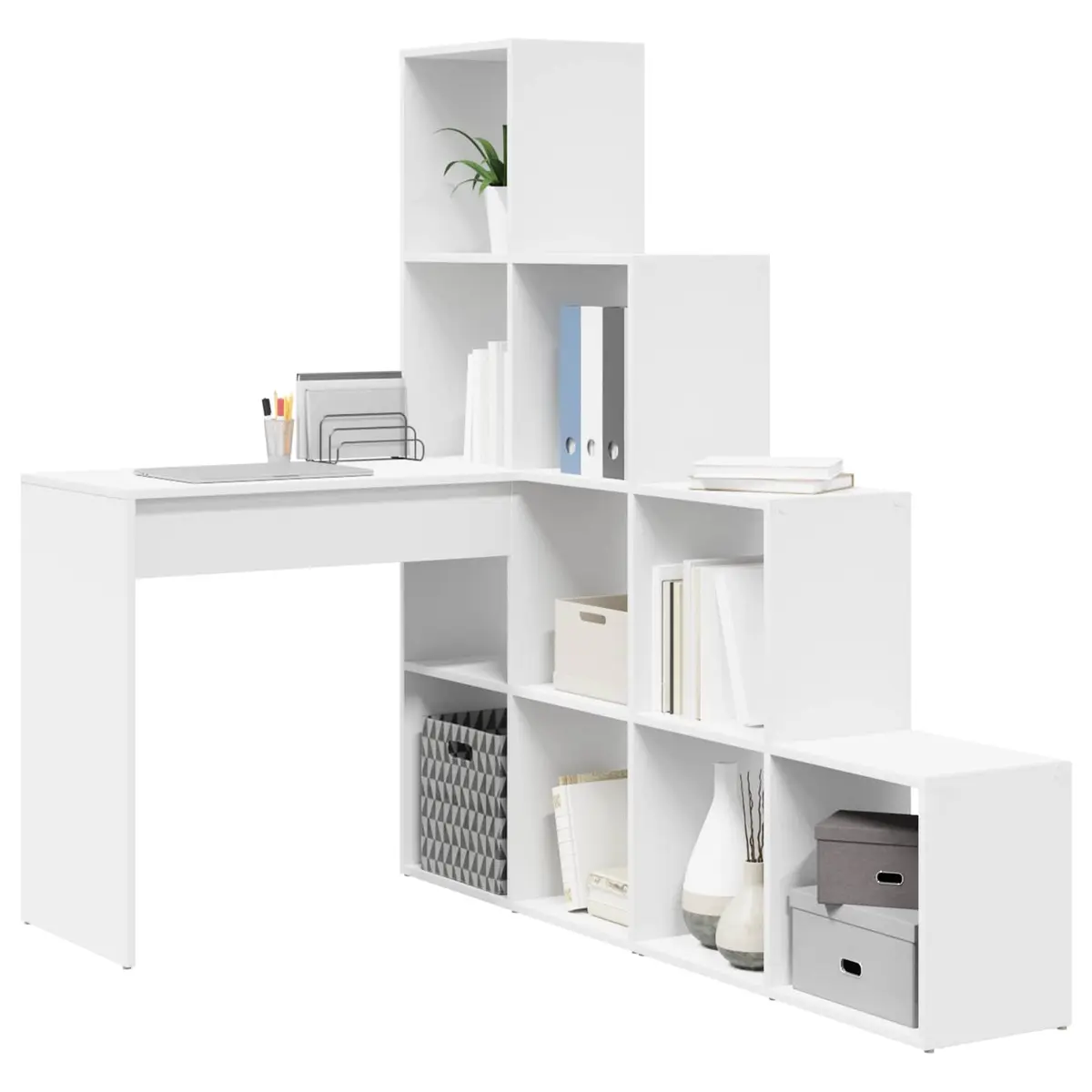 Corner Desk White for Home Office 101.5 x 149.5 x 149.5 cm Engineered Wood with Storage Shelves