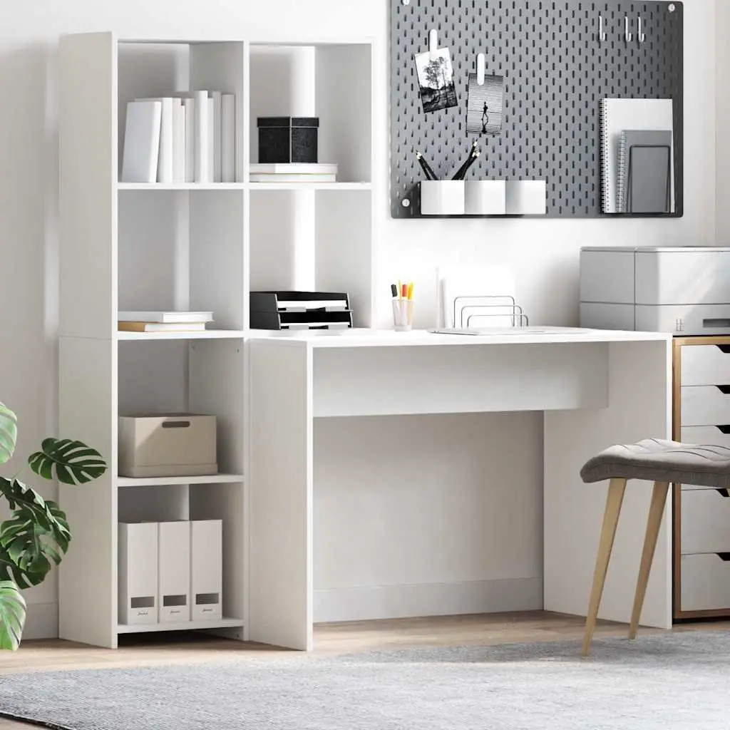 White Desk with Shelves Modern Office Furniture Workspace Storage Solution