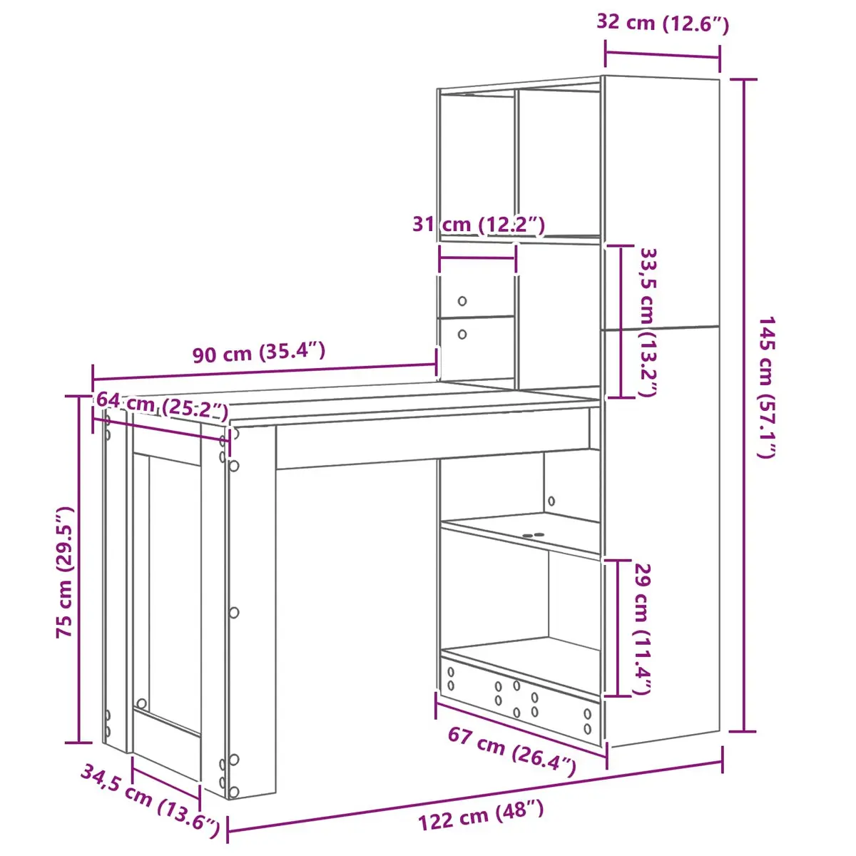 Writing Desk for Office 122cm with Shelves Storage Engineered Wood