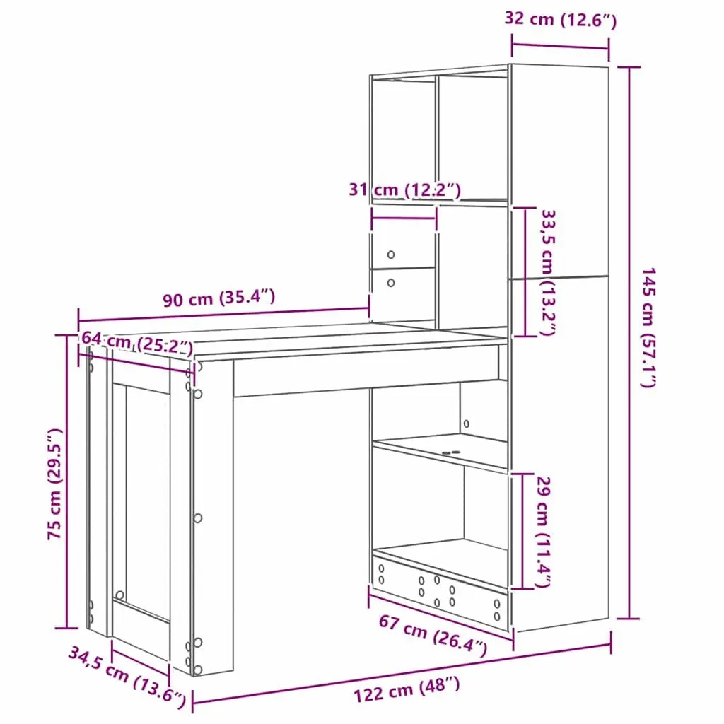 Writing Desk for Office 122cm with Shelves Storage Engineered Wood