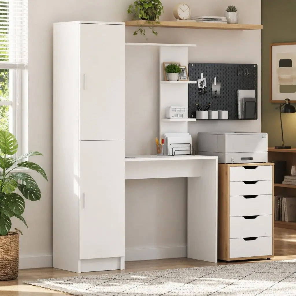 Engineered Wood Desk with Hinged Doors and Shelves
