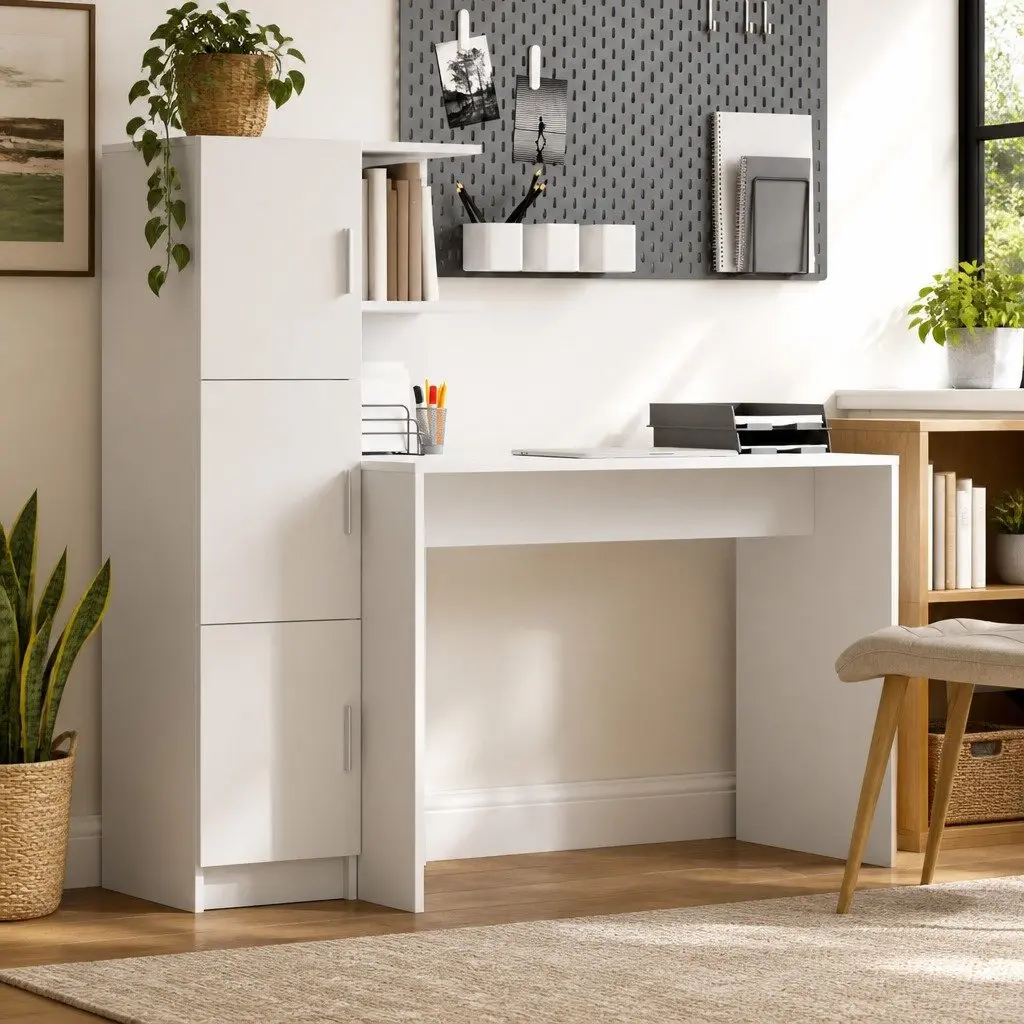 Office Desk Set with Shelves and Cabinet for Study Space White 2 Piece