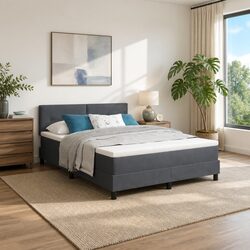 Box Spring Bed Dark Grey White Fabric 152x203cm Adjustable Headboard LED Lights
