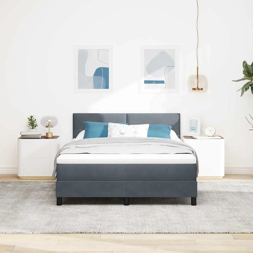 Box Spring Bed for Bedroom Dark Grey White Fabric 152x203cm Adjustable Headboard with LED Lights