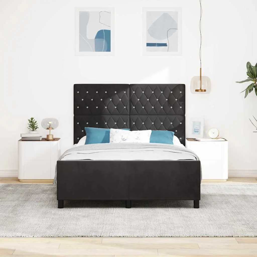 Bed Frame with Headboard for Bedroom Black 152 x 203 cm Velvet Upholstered Modern