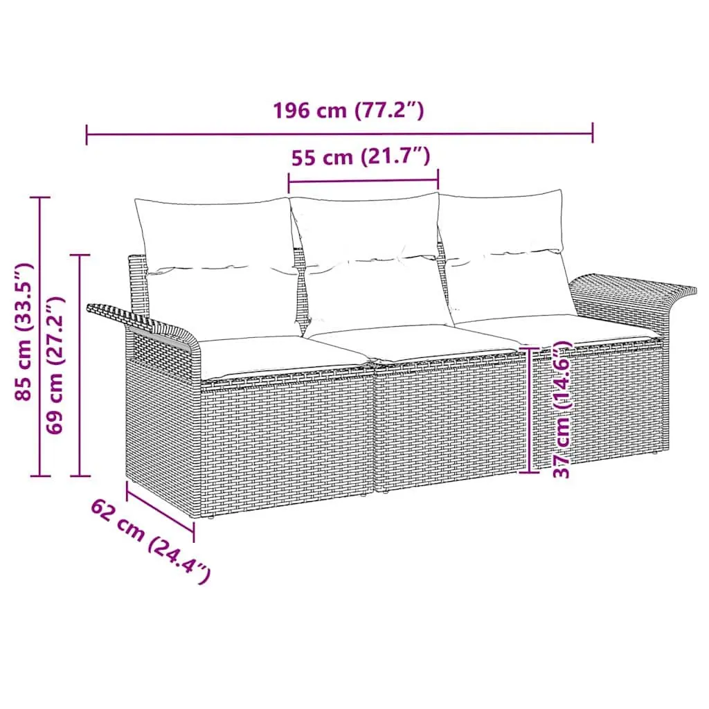 Outdoor Sofa Set 3 Pieces Grey Poly Rattan Garden Furniture Modular Seating