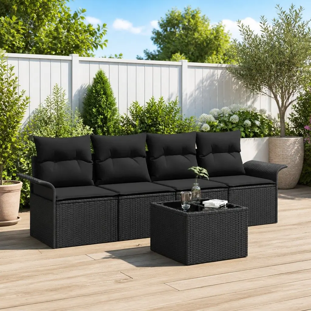 Outdoor Sofa Set 5 pcs Modular Garden Furniture Black Poly Rattan with Cushions