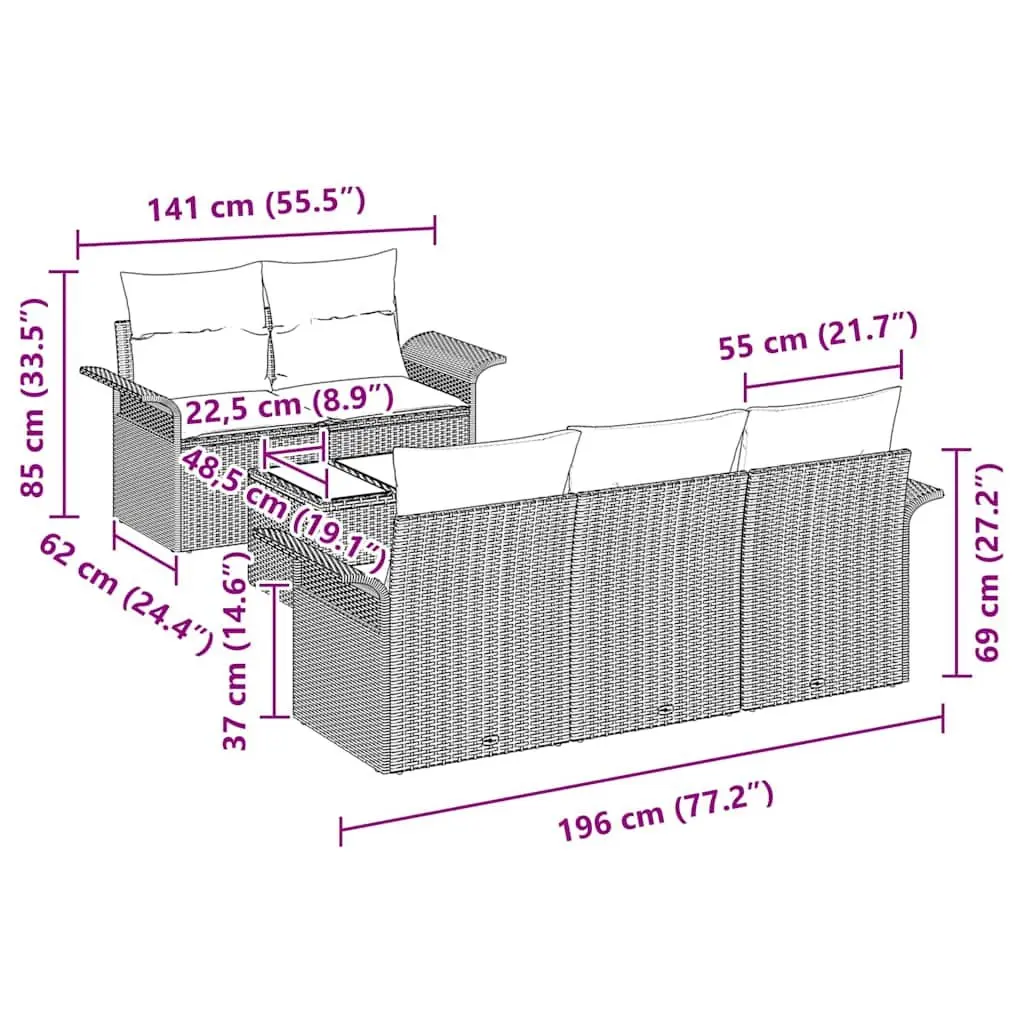 6-Piece Grey Poly Rattan Garden Sofa Set