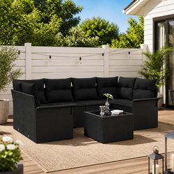 Garden Sofa Set 7 Pieces Black Outdoor Patio Furniture Modular Rattan Lounge