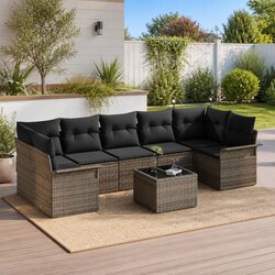 Garden Sofa Set 8 Pcs Grey Poly Rattan Modular Outdoor Furniture with Cushions