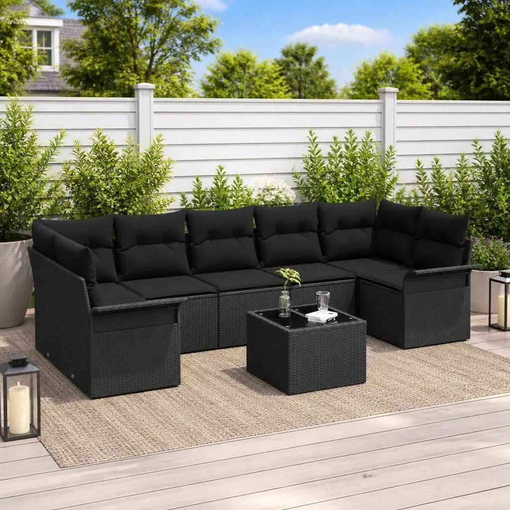 8-Piece Black Poly Rattan Outdoor Sofa Set