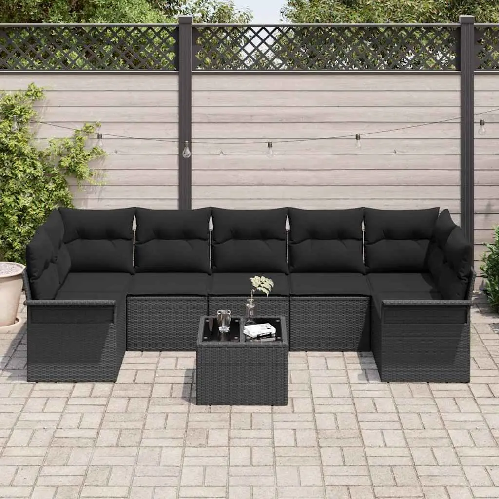 8-Piece Black Poly Rattan Outdoor Sofa Set