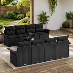 Garden Sofa Set 9 Pieces Black Poly Rattan Outdoor Furniture with Cushions