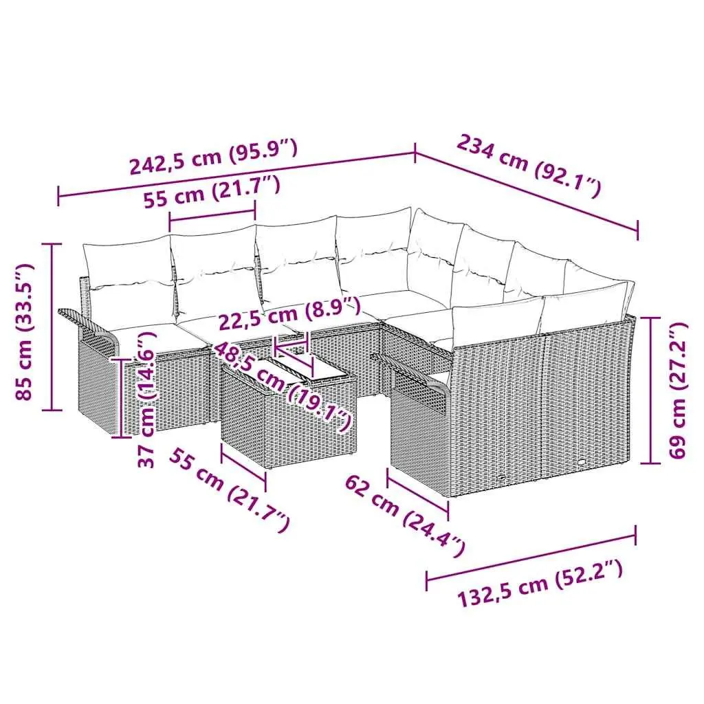 Garden Sofa Set Outdoor Furniture 9 Piece Grey Poly Rattan Modular Seating