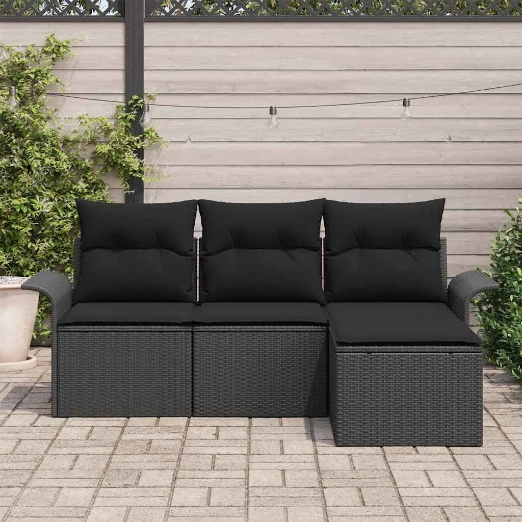 Outdoor Sofa Set 4-Piece Garden Seating Poly Rattan Black with Cushions