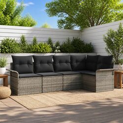 Garden Sofa Set 5 Pieces Grey Poly Rattan Outdoor Seating with Cushions Glass