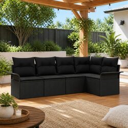 5-Piece Black Poly Rattan Garden Sofa Set with Cushions Specs