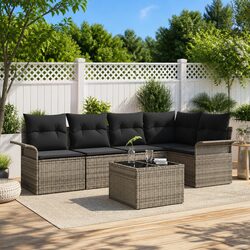 Garden Sofa Set - 6 Pieces, Grey Poly Rattan with Cushions