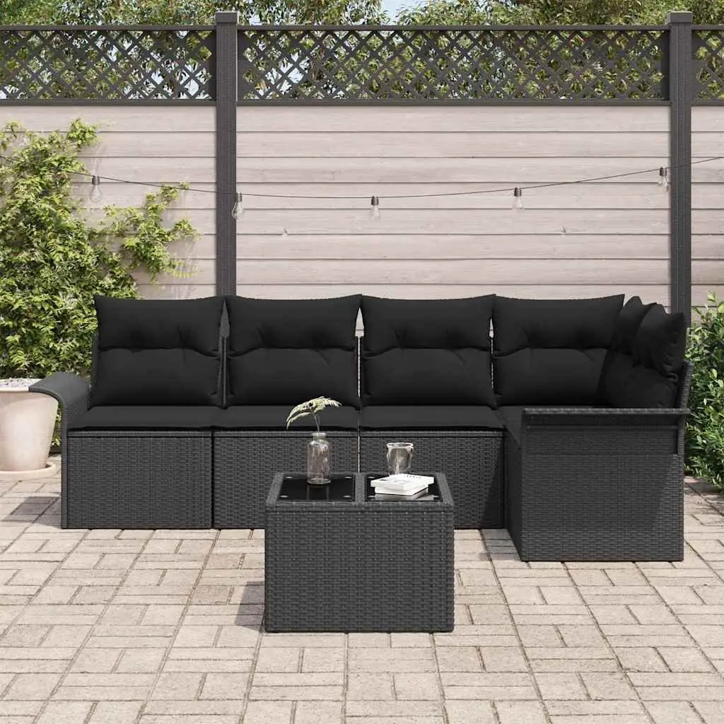 Outdoor Seating Set 6 Piece Poly Rattan Black Garden Sofa with Cushions and Storage