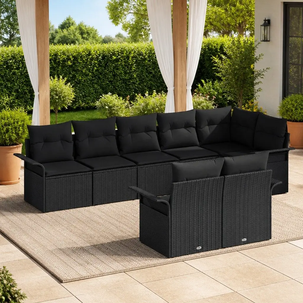 Garden Sofa Set 8 Pieces Outdoor Use Black Poly Rattan Furniture with Cushions