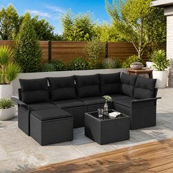 Garden Sofa Set: 7-Piece Modular, Black Poly Rattan