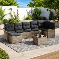 8-Piece Grey Poly Rattan Sofa Set with Cushions
