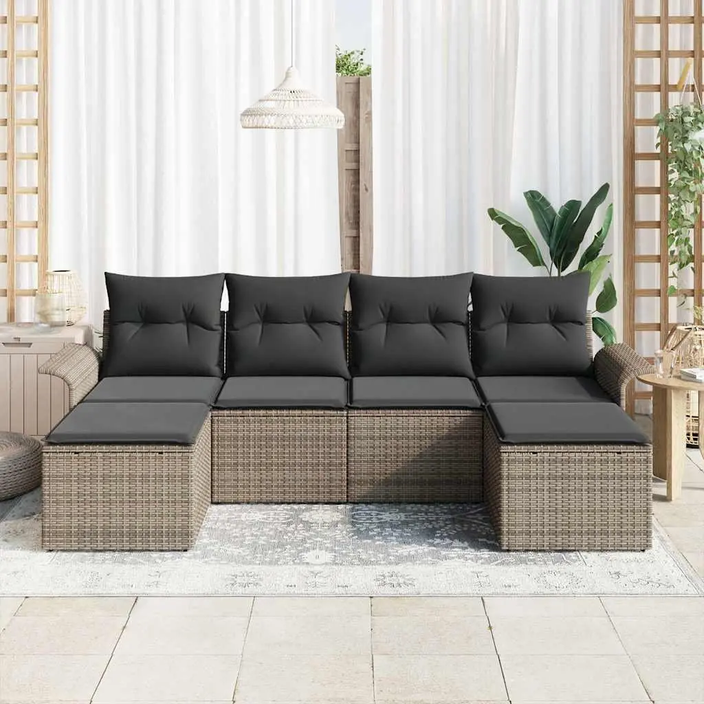 Garden Sofa Set 6 Pcs Grey Poly Rattan Outdoor Furniture with Cushions Tempered