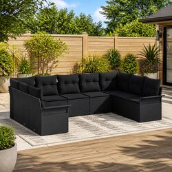 Garden Sofa Set with Cushions - Black Poly Rattan Design